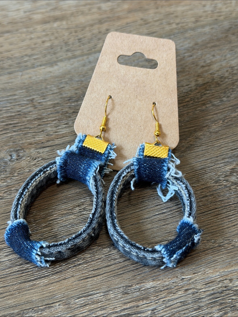 Handmade Denim Hoop Earrings with Gold Accents - Blue
